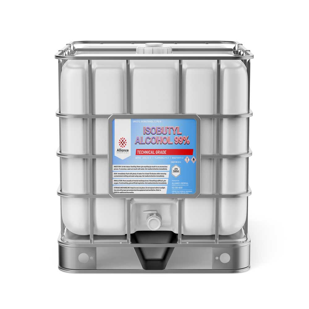 275-gallon IBC tote of Isobutyl Alcohol 99% technical grade with metal cage frame, hazard warnings, and bottom discharge valve.